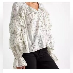 Style Rack White Polka Dot Ruffle Blouse – Size M – Sheer Tiered Long Sleeve
